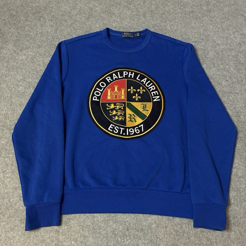 Polo Ralph Lauren Sweatshirt Mens Medium Royal Blue Crest Shield Patch Est 1967
